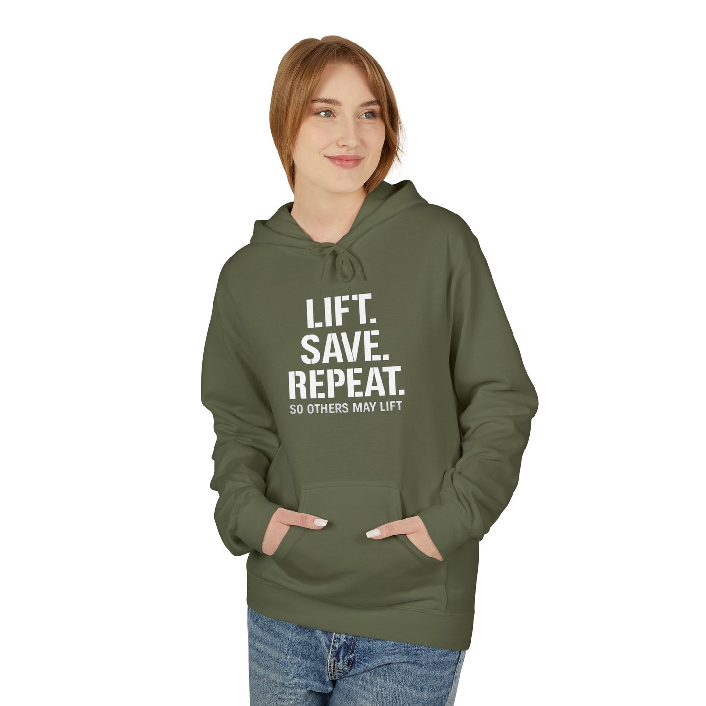 Lift Safe Repeat Hoodie — Fitness Motivational Pullover with Subtle Text