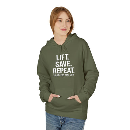 Lift Safe Repeat Hoodie — Fitness Motivational Pullover with Subtle Text