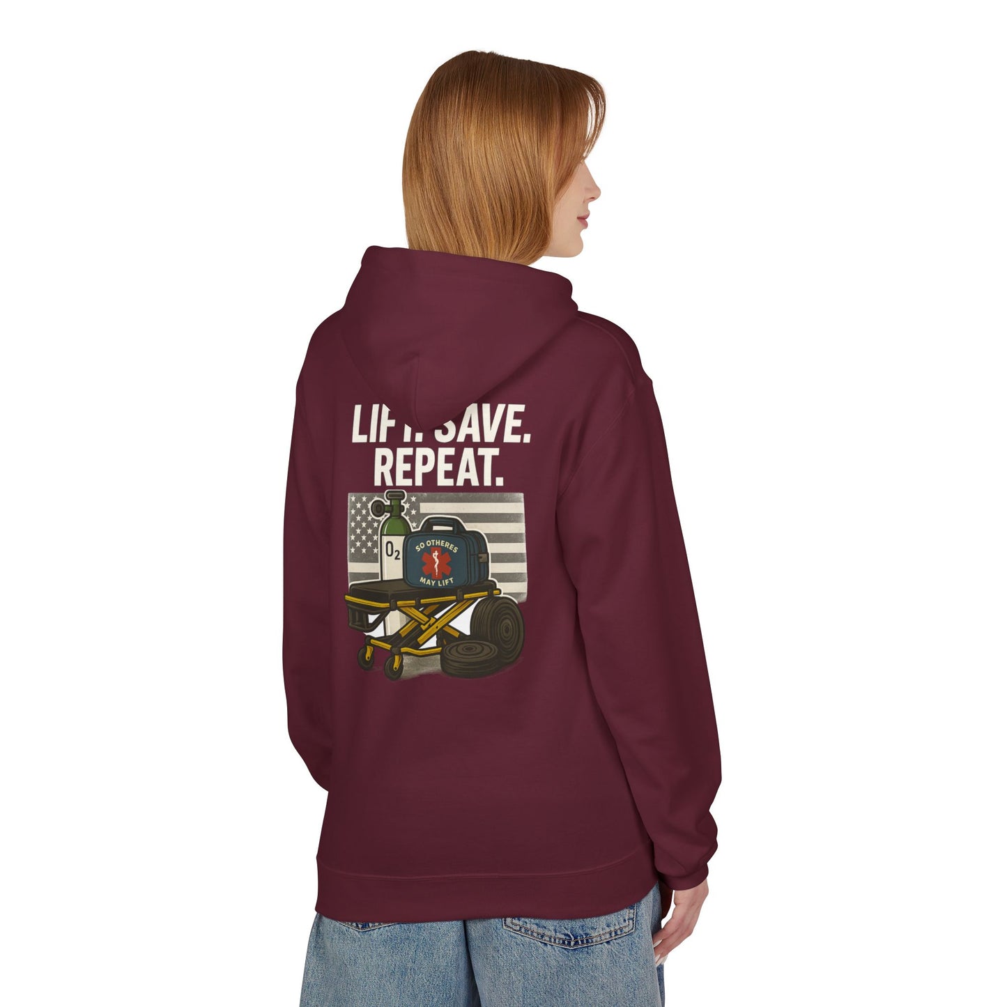 Weightlifting Hoodie — “Lift. Save. Repeat.” EMS First Responder Gym Pullover