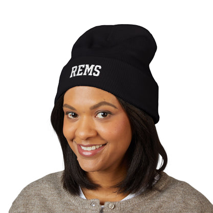 Embroidered 'REMS' Classic Cuffed Beanie – Olive Knit Winter Hat