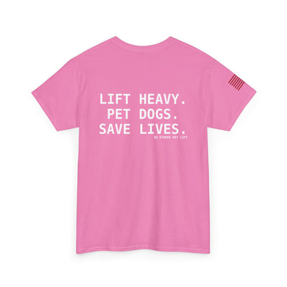 Unisex Heavy Cotton Tee: Lift Heavy, Pet Dogs, Save Lives - Perfect for Dog Lovers, Fitness Enthusiasts, Casual Wear, Gifts, and Gym Apparel