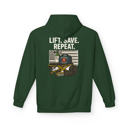 Weightlifting Hoodie — “Lift. Save. Repeat.” EMS First Responder Gym Pullover