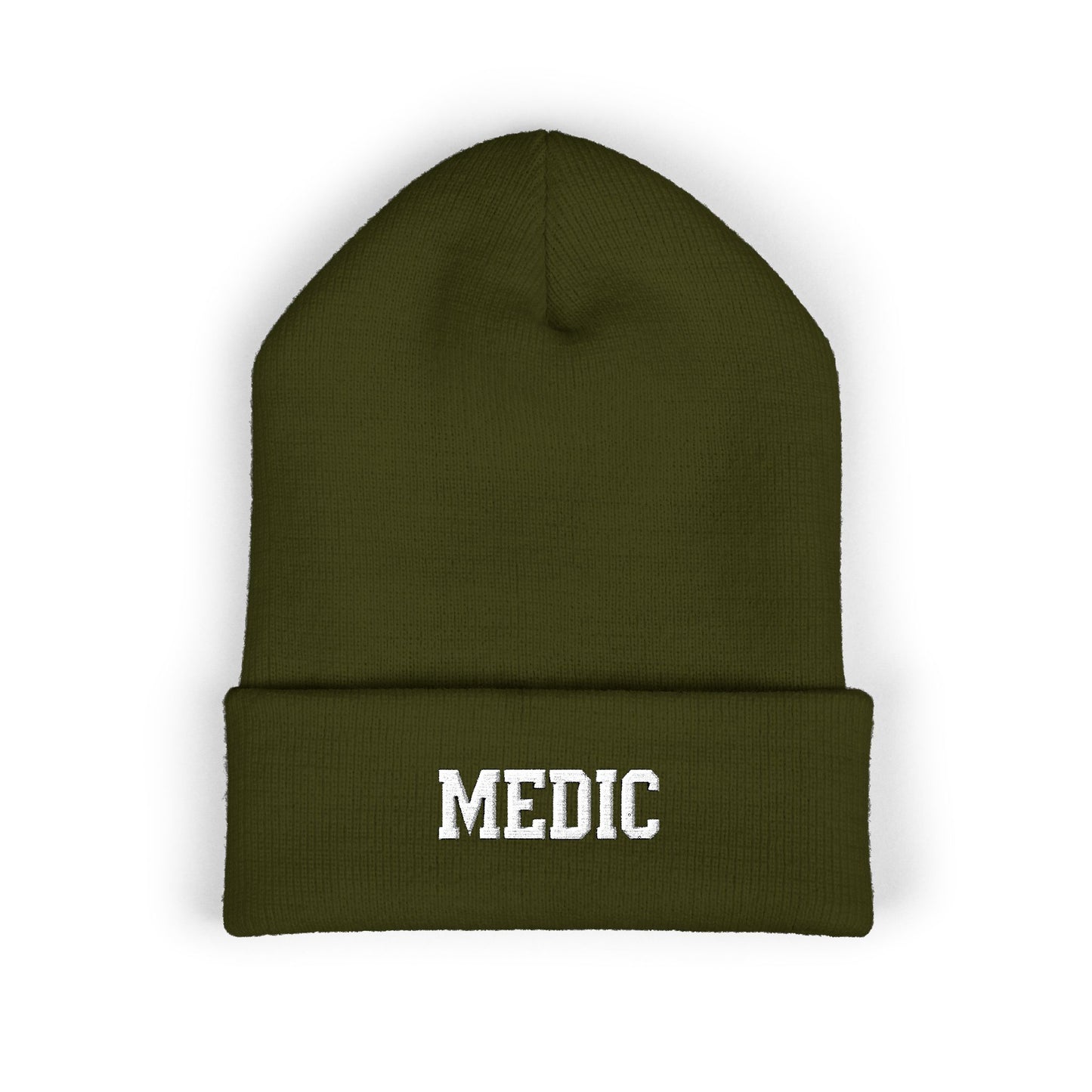 Medic Embroidered Cuffed Beanie — Tactical Olive Knit Hat for First Responders