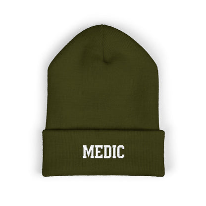 Medic Embroidered Cuffed Beanie — Tactical Olive Knit Hat for First Responders