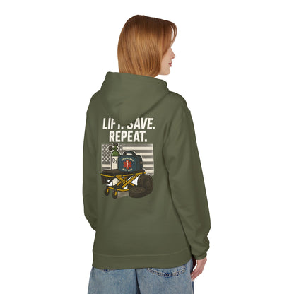Weightlifting Hoodie — “Lift. Save. Repeat.” EMS First Responder Gym Pullover