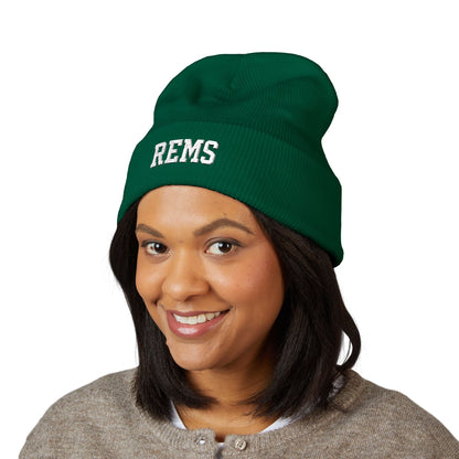 Embroidered 'REMS' Classic Cuffed Beanie – Olive Knit Winter Hat